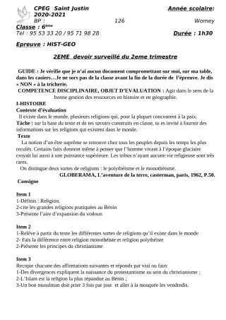 Première page de Histoire-Géographie 6e, 2nde A1, 2nde A2, 2nde B, 2nde C, 2nde D, 1ère A1, 1ère A2, 1ère B, 1ère C, 1ère D — 2e devoir surveillé, 2e trimestre (2020-2021) · CPEG SAINT Justin