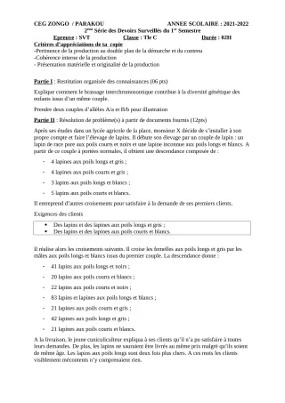 Première page de SVT Tle C — 2e devoir surveillé, 1er semestre (2021-2022) · CEG ZONGO