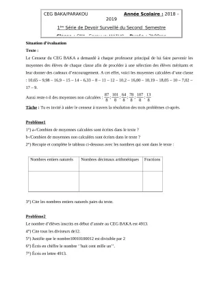 Première page de Mathématiques 6e, 5e, 4e, 3e — 1er devoir surveillé, 2e semestre (2018-2019) · CEG BAKA