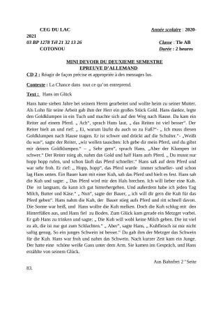 Première page de Allemand Tle A2, Tle B — 1er devoir surveillé, 2e semestre (2020-2021) · CEG du Lac