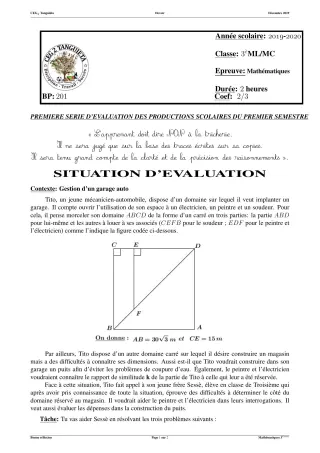 Première page de Mathématiques 3e, 3e ML — Production scolaire, 1er semestre (2019-2020) · CEG2 TANGUIETA