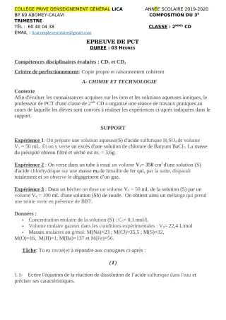 Première page de PCT 2nde C, 2nde D — Composition, 1er trimestre (2019-2020) · CPEG LICA