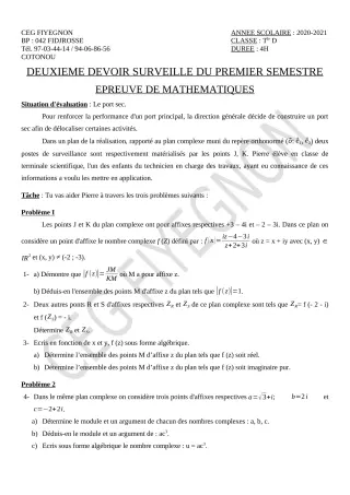 Première page de Mathématiques Tle D — 2e devoir surveillé, 1er semestre (2020-2021) · CEG FIYEGNON