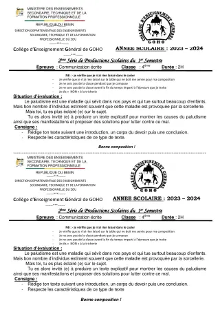 Première page de Français 4e — 2e production scolaire, 1er semestre (2023-2024) · CEG GOHO