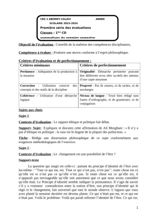 Première page de Philosophie 1ère D — 1re évaluation sommative, 1er semestre (2023-2024) · CEG2 ABOMEY - CALAVI (CEG ZOCA)