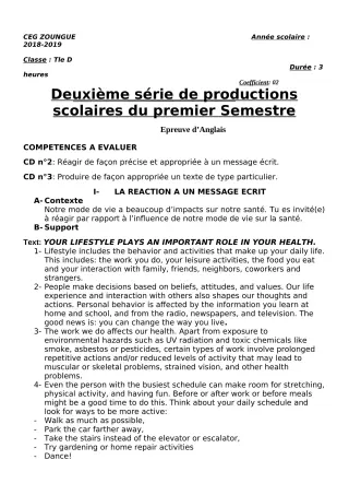 Première page de Anglais Tle D — 2e production scolaire, 1er semestre (2018-2019) · CEG ZOUNGUE