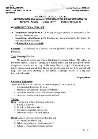 Première page de Anglais 6e, 5e, 4e ML&MC, 3e, 3e ML, 2nde A, 2nde B, 2nde C, 2nde D, 1ère A, 1ère B, 1ère C, 1ère D, Tle A1, Tle A2, Tle B, Tle C, Tle D — 2e évaluation sommative, 2e semestre (2019-2020) · CEG Dantok