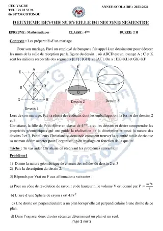 Première page de Mathématiques 4e — 2e devoir surveillé, 2e semestre (2023-2024) · CEG Yagbe