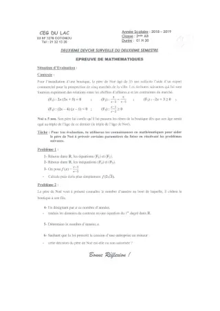 Première page de Mathématiques 2nde A, 2nde B — 2e devoir surveillé, 2e semestre (2018-2019) · CEG du Lac