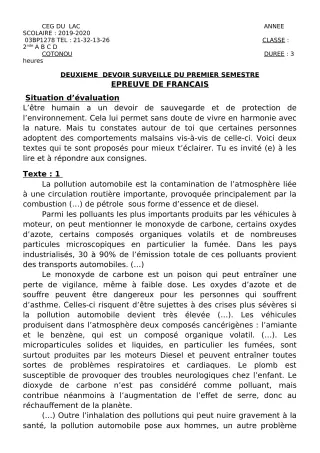 Première page de Français 2nde A, 2nde B, 2nde C, 2nde D — 2e devoir surveillé, 1er semestre (2019-2020) · CEG du Lac