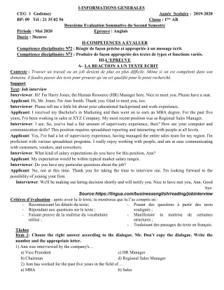 Première page de Anglais 1ère A2, 1ère B — 2e évaluation sommative, 2e semestre (2019-2020) · CEG1 GODOMEY