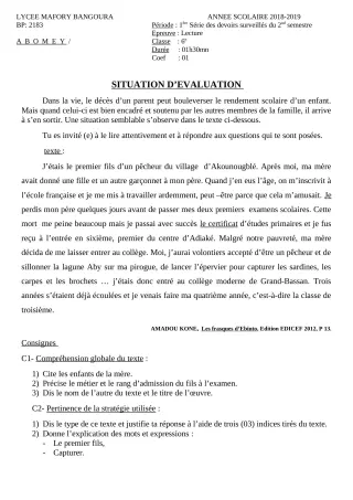 Première page de Français 6e — 1er devoir surveillé, 2e semestre (2018-2019) · Lycée Houegbadja d'Abomey (Ex Mafory Bangoura)