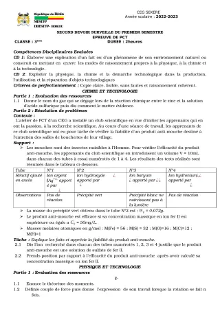 Première page de PCT 3e — 2e devoir surveillé, 1er semestre (2022-2023) · CEG SEKERE