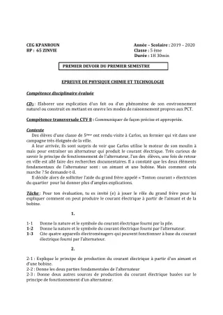 Première page de PCT 5e — 1er devoir surveillé, 1er semestre (2019-2020) · CEG Kpanroun