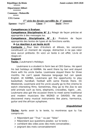 Première page de Anglais 5e — 1er devoir surveillé, 1er semestre (2019-2020) · CEG GAROU