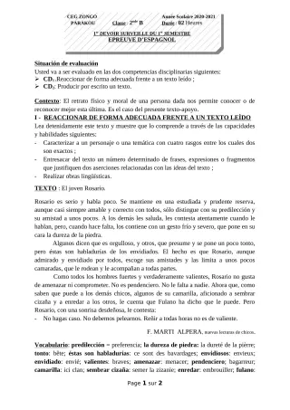 Première page de Espagnol 2nde B — 1er devoir surveillé, 1er semestre (2020-2021) · CEG ZONGO