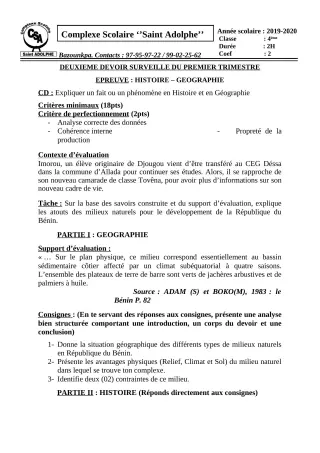 Première page de Histoire-Géographie 6e, 5e, 4e, 4e ML, 3e, 3e ML — 2e devoir surveillé, 1er trimestre (2019-2020) · CPEG Saint Adolphe