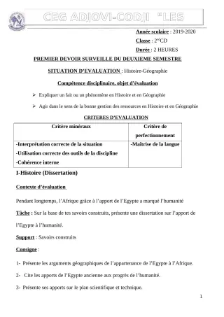 Première page de Histoire-Géographie 2nde D — 1er devoir surveillé, 2e semestre (2019-2020) · CEG ADJOVICODJI 'LES OLIVIERS'