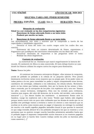 Première page de Espagnol 1ère A2 — 2020-2021 · CEG SEKERE