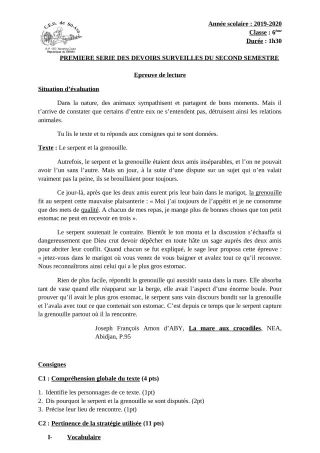 Première page de Français 6e — 1er devoir surveillé, 2e semestre (2019-2020) · CEG Sô-Ava