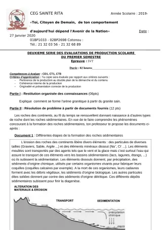 Première page de SVT 4e — Production scolaire, 1er semestre (2019-2020) · CEG Sainte Rita