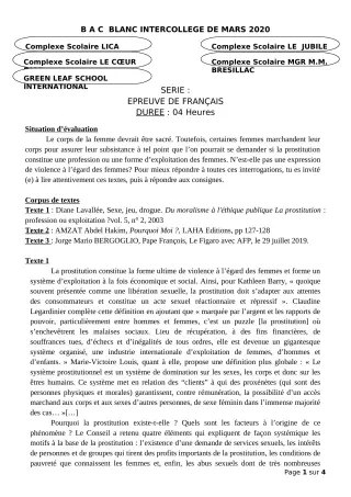 Première page de Français Tle A2, Tle B, Tle C, Tle D — Interrogation (2019-2020) · CPEG LICA