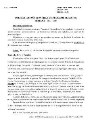 Première page de Français 5e — 1er devoir surveillé, 2e semestre (2019-2020) · CEG ADJAGBO