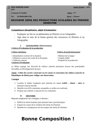 Première page de Histoire-Géographie 4e, 4e ML — 2e production scolaire, 1er semestre (2019-2020) · Ceg OUESSE