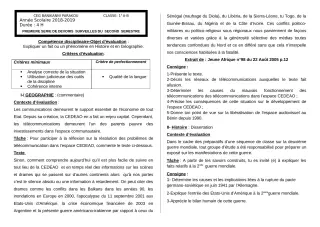Première page de Histoire-Géographie 1ère A2, 1ère B — 1er devoir surveillé, 2e semestre (2018-2019) · CEG Banikanni