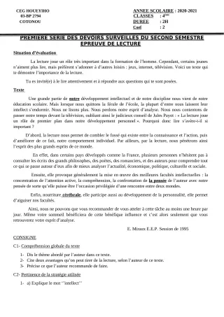 Première page de Français 4e, 4e ML, 4e ML&MC — 1er devoir surveillé, 2e semestre (2020-2021) · CEG HOUEYIHO