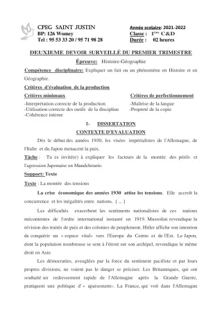 Première page de Histoire-Géographie 1ère C, 1ère D — 2e devoir surveillé, 1er trimestre (2021-2022) · CPEG SAINT Justin