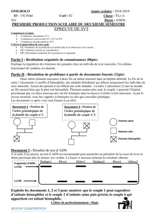 Première page de SVT Tle A2 — 1re production scolaire, 2e semestre (2018-2019) · CEG ONIGBOLO