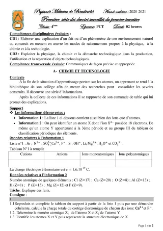 Première page de PCT 4e — 1er devoir surveillé, 1er semestre (2020-2021) · PMB