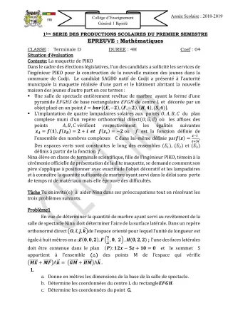 Première page de Mathématiques Tle D — 1re production scolaire, 1er semestre (2018-2019) · CEG1 Ikpinlè