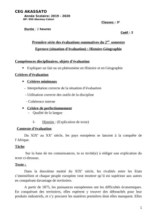 Première page de Histoire-Géographie 3e, 3e ML — 1re évaluation sommative, 2e semestre (2019-2020) · CEG Akassato