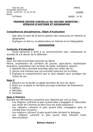 Première page de Histoire-Géographie 6e — 1er devoir surveillé, 2e semestre (2018-2019) · CEG du Lac