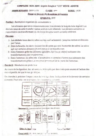 Première page de SVT 6e — 1er devoir surveillé, 2e trimestre (2019-2020) · CPEG SEGUIN SENGHOR