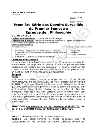 Première page de Philosophie 2nde A & B, 2nde C, 2nde D, 1ère A, 1ère B, 1ère C, 1ère D, Tle A2, Tle B, Tle C, Tle D — 1er devoir surveillé, 1er semestre (2018-2019) · CEG Agassa Godomey