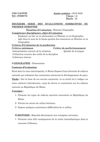 Première page de Histoire-Géographie 4e, 4e ML — 2e évaluation sommative, 1er semestre (2019-2020) · CEG Ganvié
