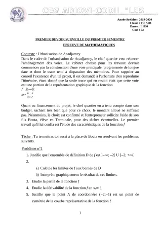 Première page de Mathématiques Tle B — 1er devoir surveillé, 1er semestre (2019-2020) · CEG ADJOVICODJI 'LES OLIVIERS'