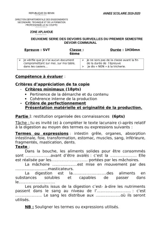 Première page de SVT 6e, 5e, 4e, 3e, 3e ML, 2nde A, 2nde A2, 2nde B, 2nde C, 2nde D, 1ère A, 1ère A1, 1ère A2, 1ère B, 1ère D, Tle A1, Tle A2, Tle B, Tle C, Tle D — 2e devoir surveillé, 1er semestre (2019-2020) · CEG1