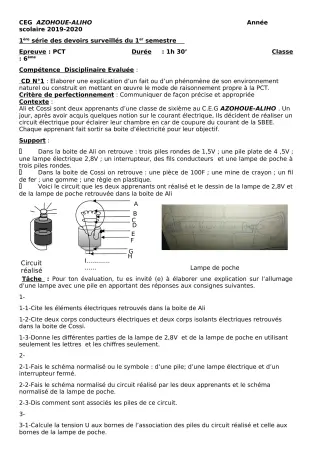 Première page de PCT 6e — 1er devoir surveillé, 1er semestre (2019-2020) · CEG AZOHOUE-ALIHO