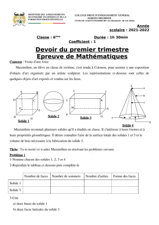 Première page de Mathématiques 6e, 5e, 4e, 4e ML, 3e, 3e ML, 2nde A2, 2nde B, 2nde D, 1ère A2, 1ère B, 1ère D, Tle A2, Tle B, Tle D — 1er devoir surveillé, 1er trimestre (2021-2022) · CPEG AGBOZO MEGBEDJI