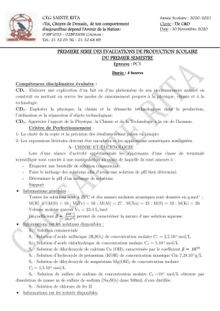Première page de PCT Tle C, Tle D — Production scolaire, 1er semestre (2020-2021) · CEG Sainte Rita