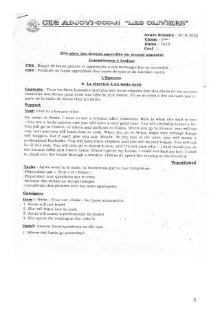 Première page de Anglais 5e — 2e devoir surveillé, 2e semestre (2019-2020) · CEG ADJOVICODJI 'LES OLIVIERS'