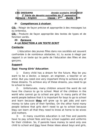 Première page de Anglais 4e, 4e ML — 2e devoir surveillé, 2e semestre (2018-2019) · CEG OKEDAMA