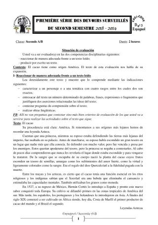 Première page de Espagnol 2nde A & B — 1er devoir surveillé, 2e semestre (2018-2019) · CEG1 Covè