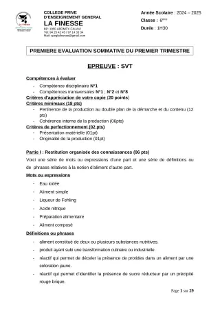 Première page de SVT 6e, 5e, 4e, 3e, 2nde A1, 2nde A2, 2nde B, 2nde C, 2nde D, 1ère A1, 1ère A2, 1ère B, 1ère C, 1ère D, Tle A1, Tle A2, Tle B, Tle D — 1re évaluation sommative, 1er trimestre (2024-2025) · CPEG La Fin