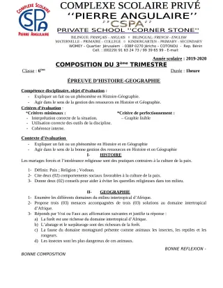 Première page de Histoire-Géographie 6e — Composition (2019-2020) · CPEG PIERRE ANGULAIRE