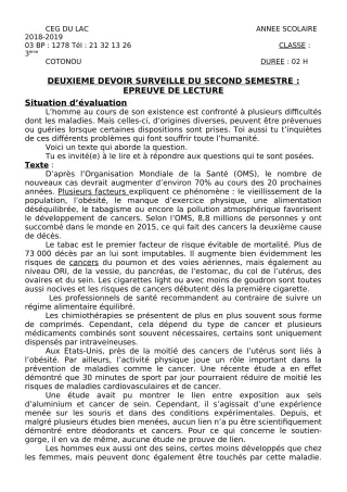 Première page de Français 3e, 3e ML — 2e devoir surveillé, 2e semestre (2018-2019) · CEG du Lac